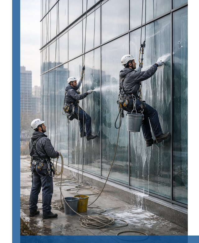 Промышленная мойка панорамных окон на высоте в Большой Камне