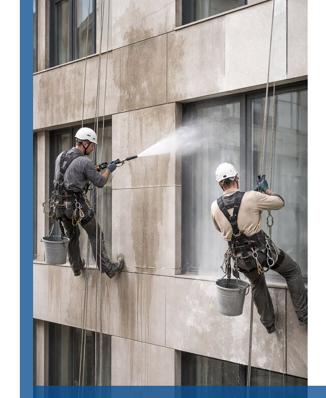 Послестроительная мойка фасада промышленным альпинизмом в Большой Камне