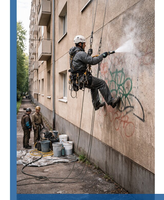 Удаление граффити с фасада в Большой Камне без следов и повреждений