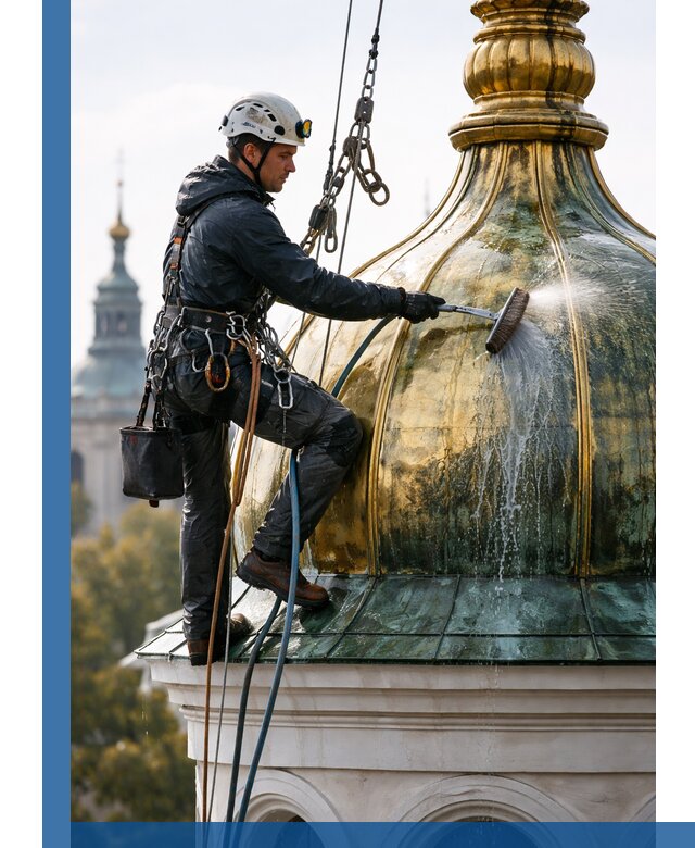 Профессиональная мойка куполов и шпилей высотными альпинистами в Большой Камне