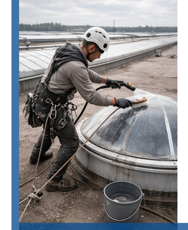 Мойка зенитных фонарей на кровле для промышленных объектов в Большой Камне