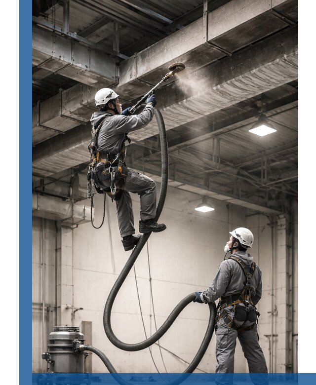 Обеспыливание потолочных конструкций в Большой Камне промышленным альпинизмом