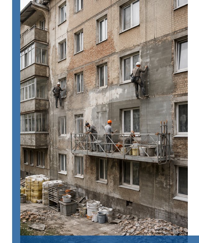 Капитальный ремонт фасада в Большой Камне с восстановлением и гидроизоляцией