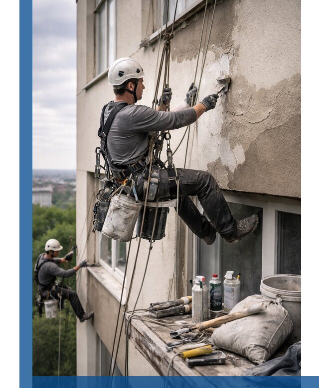 Косметический ремонт фасада зданий в Большой Камне промышленными альпинистами