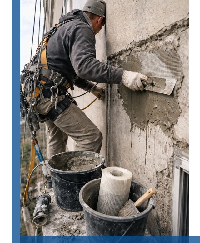 Ремонт бетонных элементов фасада промышленными альпинистами в Большой Камне