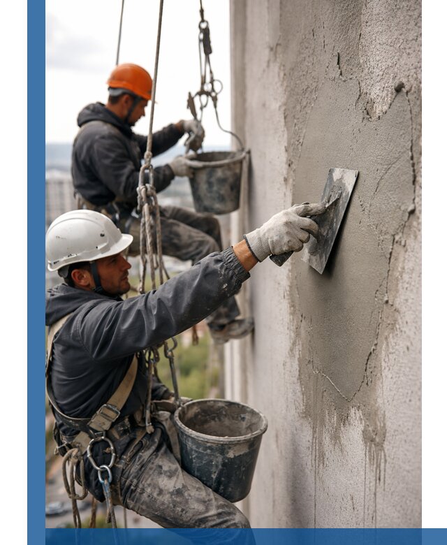 Штукатурка фасада на высоте в Большой Камне профессиональные работы