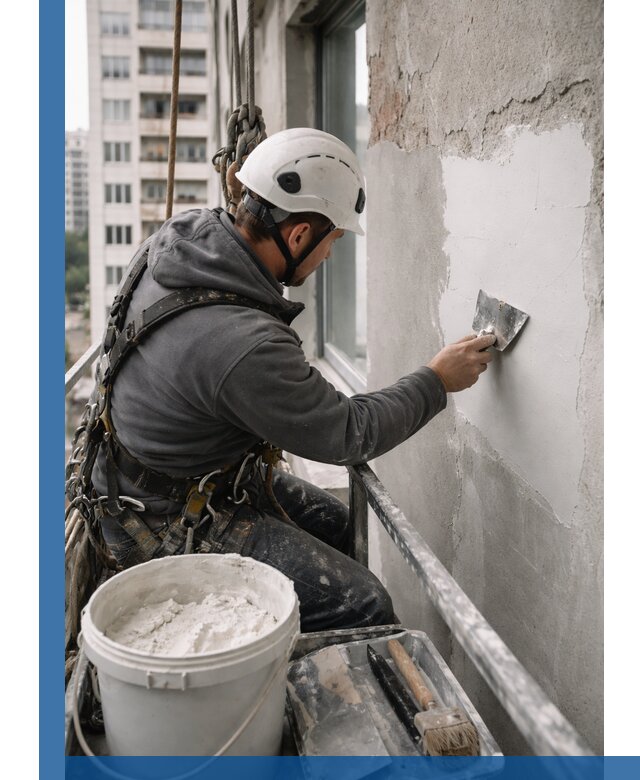 Шпаклевка фасадов на высоте с промальпинистами в Большой Камне