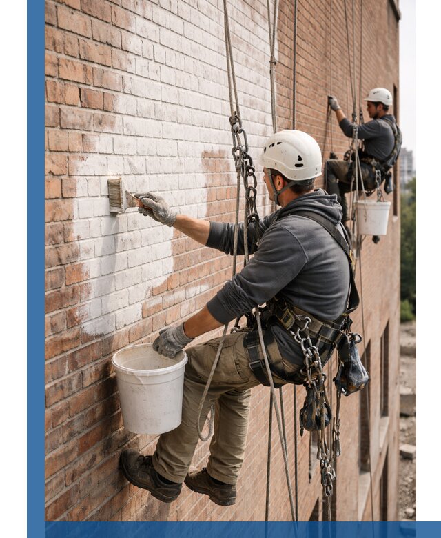 Покраска кирпичного фасада с доступным альпинистским сервисом в Большой Камне