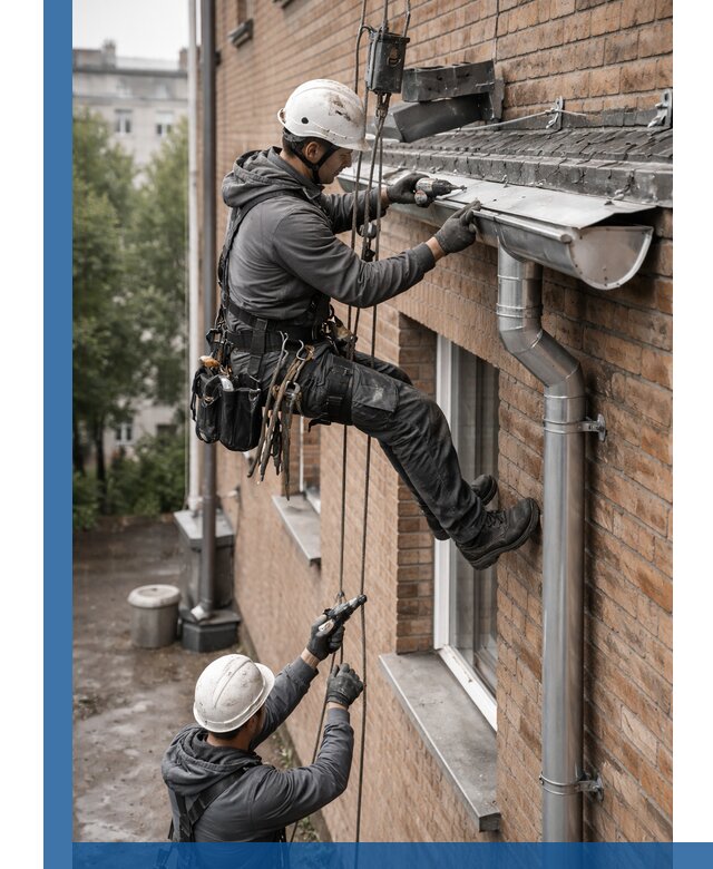 Монтаж водосточной системы на здании в Большой Камне под ключ