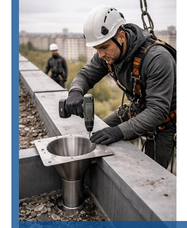 Монтаж водосточных воронок в Большой Камне для промышленных зданий