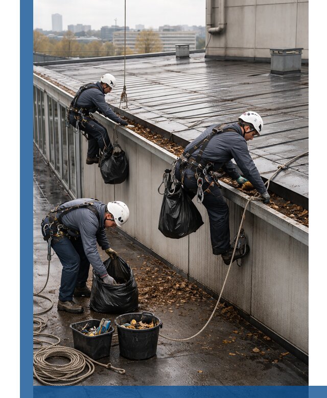 Очистка кровли по периметру в Большой Камне силами промышленных альпинистов