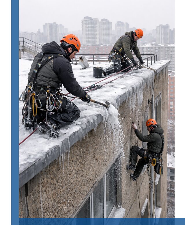 Удаление наледи с кровли в Большой Камне промышленными альпинистами