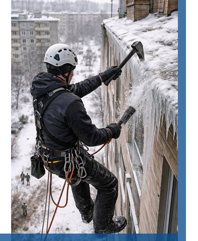 Сбивание сосулек с крыши в Большой Камне по цене от 4563 р. | ВЫСОТНИК-Бль