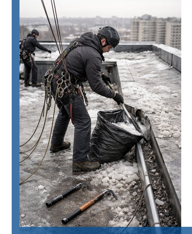 Аварийная очистка кровли в Большой Камне от промальпинистов