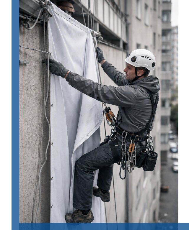Замена баннерного полотна промышленными альпинистами в Большой Камне