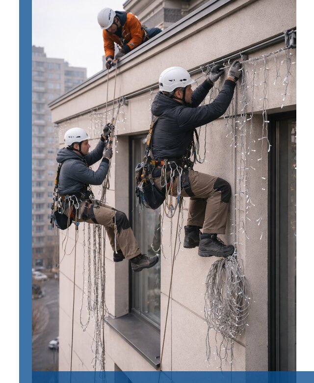 Монтаж праздничных гирлянд на фасаде в Большой Камне для зданий