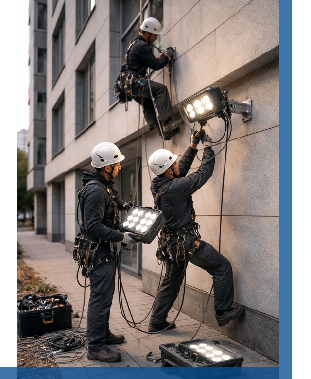 Монтаж прожекторов на фасаде в Большой Камне от 7606 р. | ВЫСОТНИК-Бль