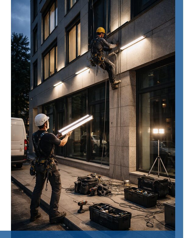 Монтаж архитектурной подсветки здания в Большой Камне от 2535 р.|ВЫСОТНИК-Бль