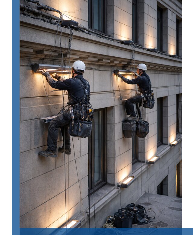 Монтаж архитектурной подсветки фасадов зданий в Большой Камне