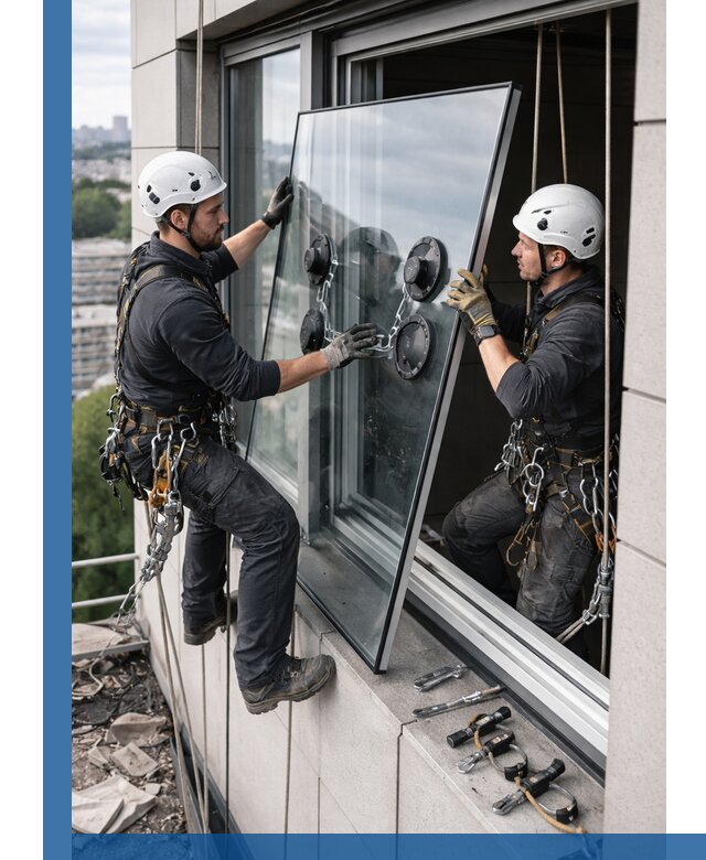 Замена стеклопакетов на высоте с промышленными альпинистами в Большой Камне