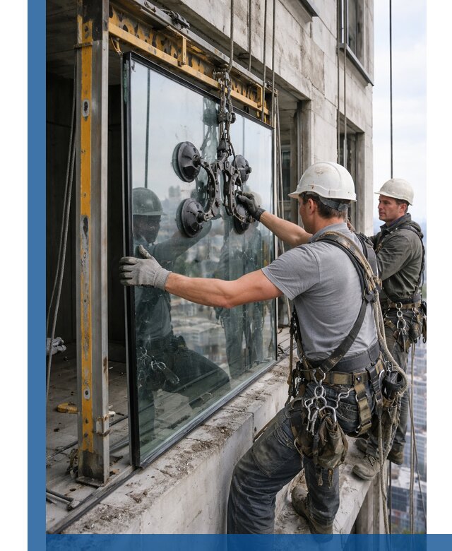 Монтаж стеклопакетов на высоте в Большой Камне с промышленным альпинизмом