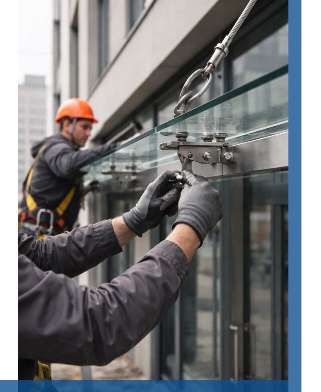 Монтаж стеклянных козырьков в Большой Камне от 8620 р. | ВЫСОТНИК-Бль