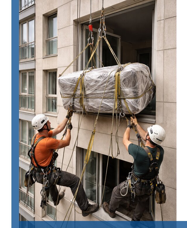 Подъем грузов через окно в Большой Камне промышленными альпинистами