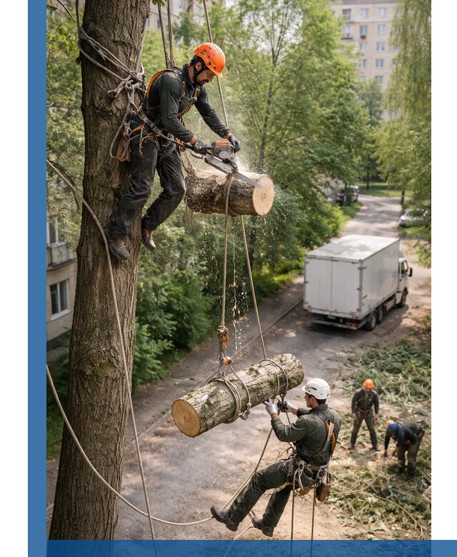 Спил деревьев альпинистами в Большой Камне, безопасно и без повреждений