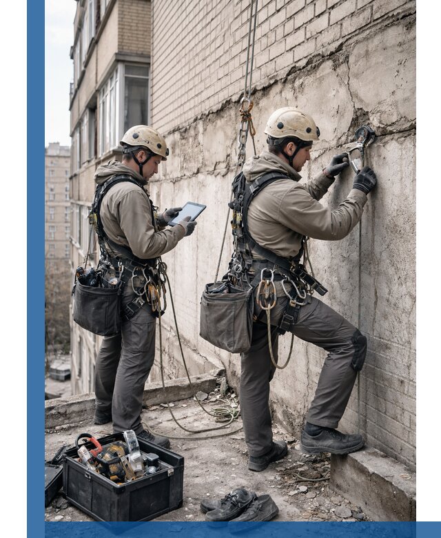 Обследование фасада промышленными альпинистами в Большой Камне